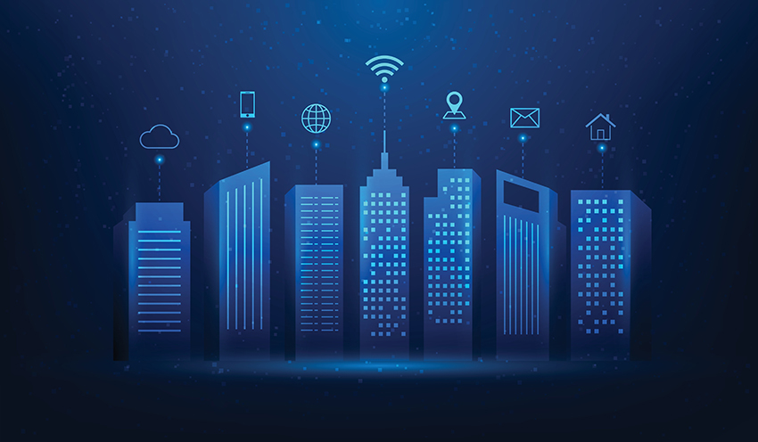 Smart,City,Technology,Digital,Network,Connection,On,Blue,Background.,Internet smart city technology digital network connection on blue background. internet of things in town with icon. big data connection society. vector illustration fantastic hi-tech design.